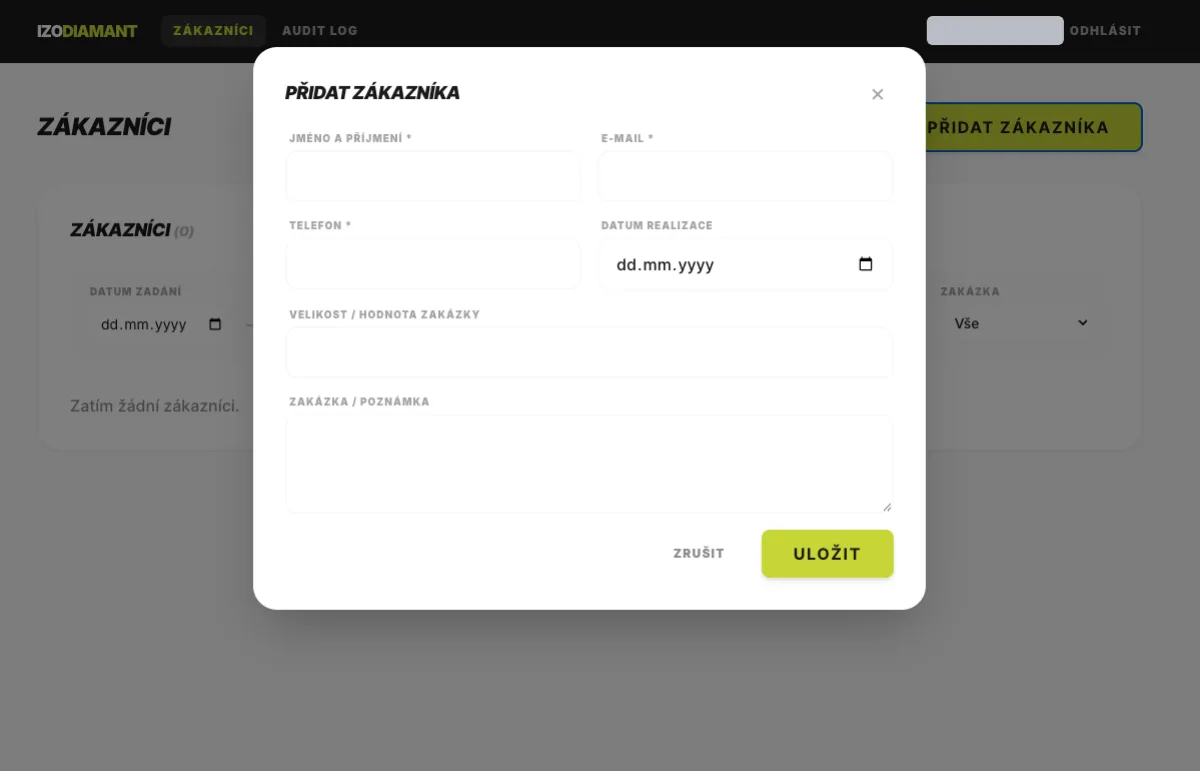 IZODIAMANT — mini-CRM po přihlášení: správa leadů, kontaktů a zakázek